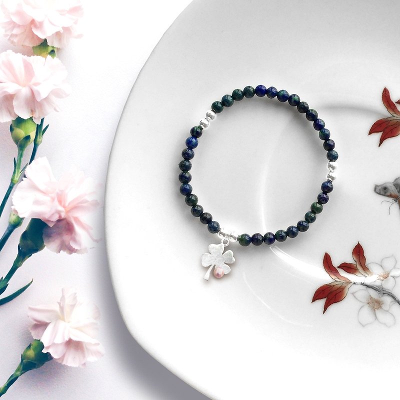 Blue Stone Bracelet | Lazurite Clover Pearl Bracelet | Stone Bracelet | Pearl - สร้อยข้อมือ - เงิน สีน้ำเงิน