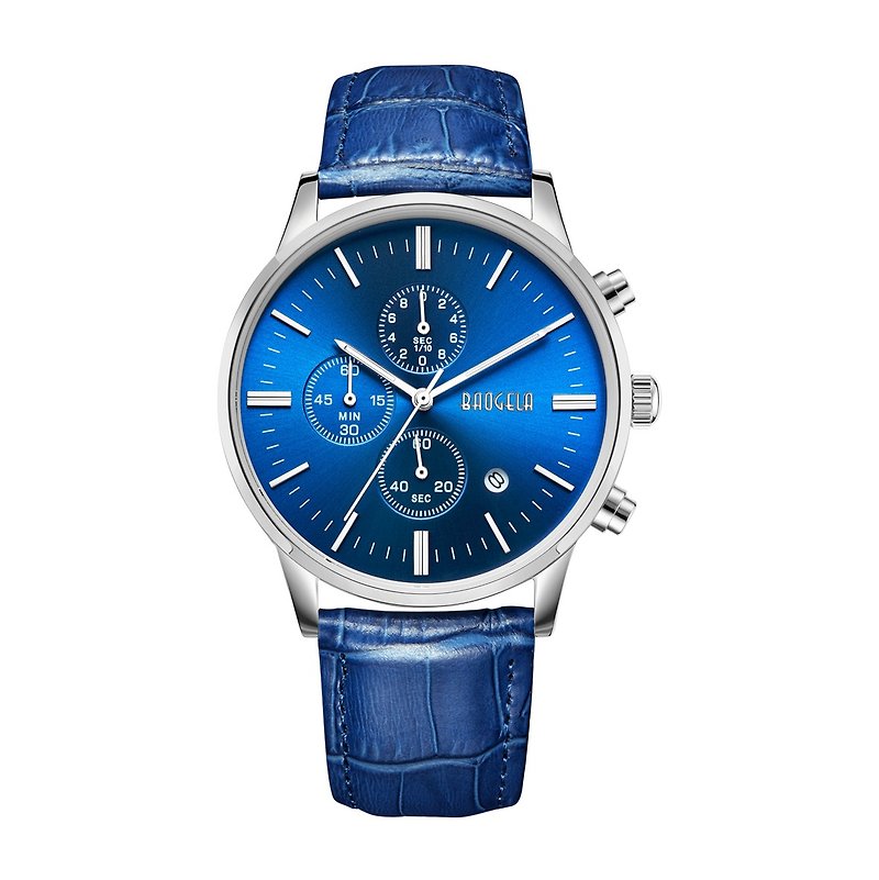BAOGELA - COPENHAGEN系列 銀藍錶盤 / 藍皮革 手錶 - 男裝錶/中性錶 - 其他材質 藍色