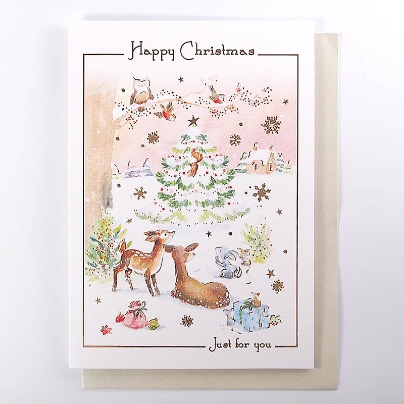 動物們圍繞聖誕樹 耶誕卡片【Ling Design-卡片 聖誕節系列】 - 卡片/明信片 - 紙 多色