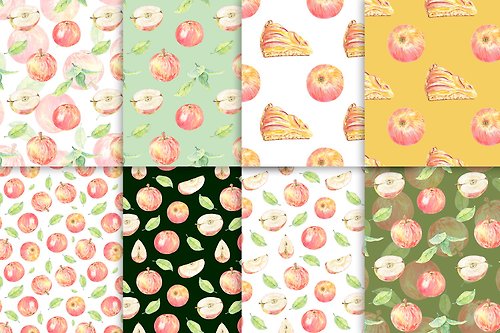 KliuyenkovaArt Watercolor Apple Pie Cake Leave Pattern Seamless. Print wallpaper