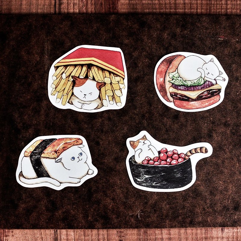 Cat Food Sticker / Jade Burning / French Fries / Salmon Egg Sushi / Burger - Sticker - สติกเกอร์ - กระดาษ หลากหลายสี
