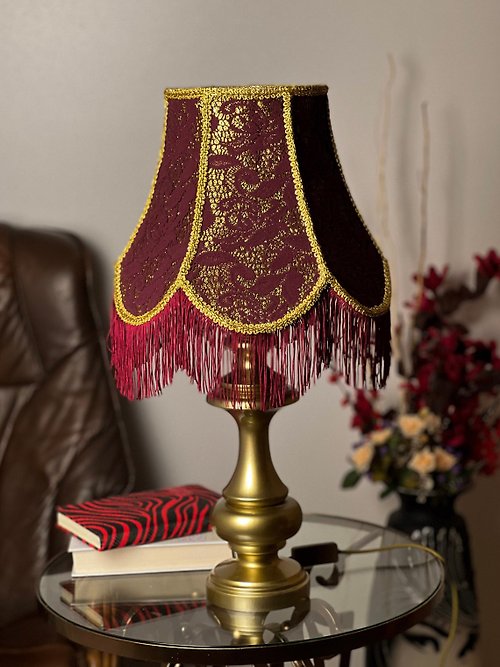 Delight Victorian table lamp gold brocade at the bottom and burgundy guipure on top