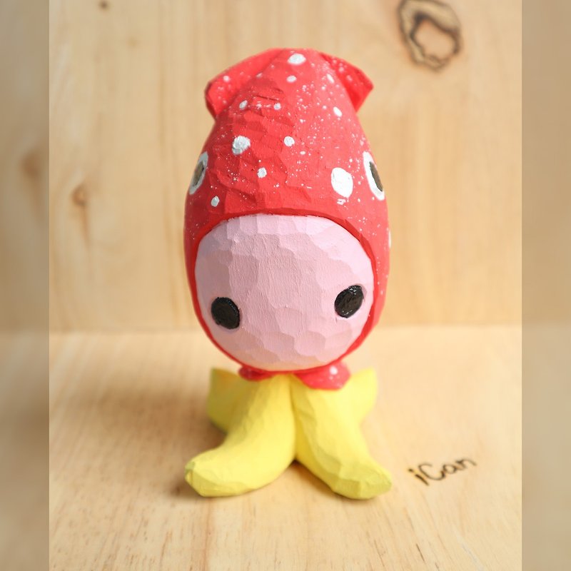 Little Squid Red Riding Hood Wood Carving,Carved from Pine wood ,Acrylic pain - Items for Display - Wood Multicolor