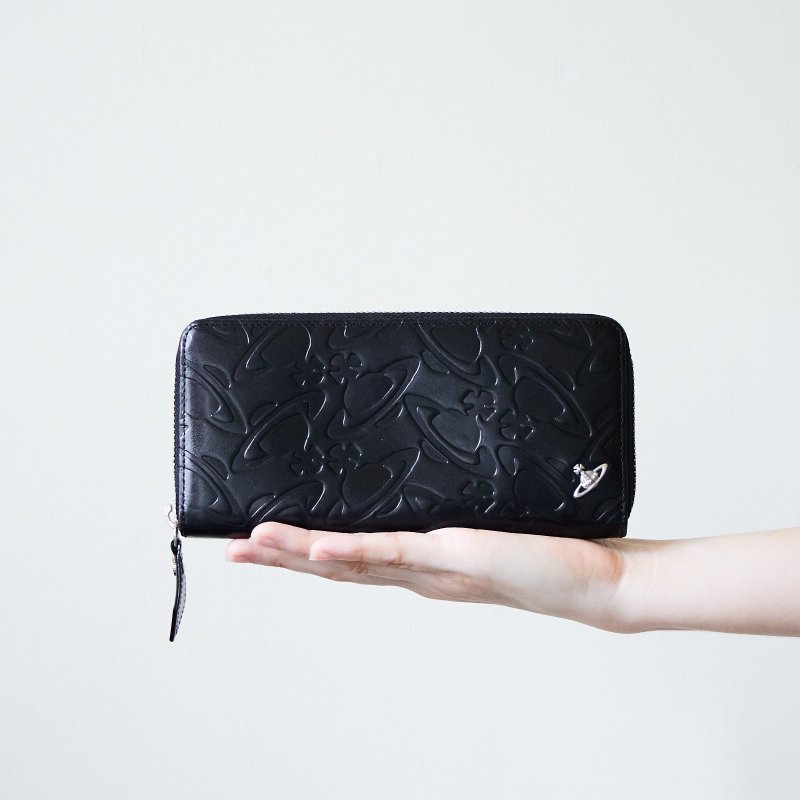 Vintage Vivienne Westwood Embossed Pattern Long Zip Wallet - กระเป๋าสตางค์ - หนังแท้ สีดำ