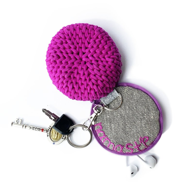 Crochet round coin purse Earphone cord holder Embroidered charger case Keychain - 零錢包/小錢包 - 棉．麻 紫色