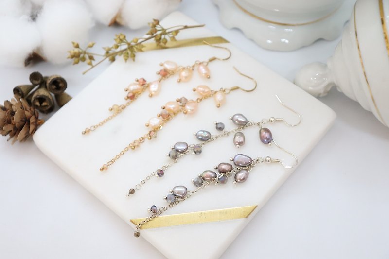 Freshwater Pearls & Crystals Cluster Long 925 Silver Hook Earrings - ต่างหู - ไข่มุก 