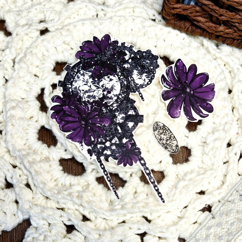 Steampunk flower sticker purple ver. - 紙膠帶/和紙/PET - 紙 白色