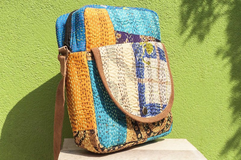 Limited one Valentine's Day creative gift hand-stitched saree side backpack/embroidered side backpack/embroidered cross-body bag/hand-sewn saree cross-body bag/sari cloth stitching backpack-coffee seat under the stars + ethnic embroidery totem - Messenger Bags & Sling Bags - Silk Multicolor
