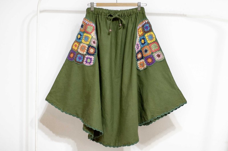 Crochet knit dress pocket / national wind skirt / cotton Linen skirt flowers / vegetable dyes skirt- wind Sen Department of flowers - Skirts - Cotton & Hemp Green