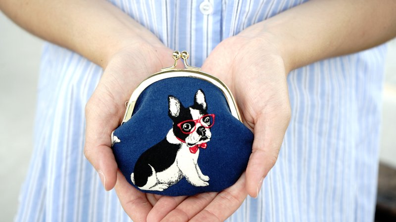 Coin purse/ cute dog French fight small mouth gold bag/ small purse - กระเป๋าใส่เหรียญ - ผ้าฝ้าย/ผ้าลินิน 