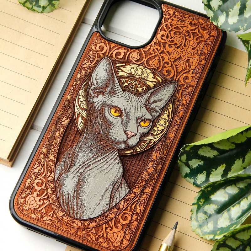 Sphinx -  Phone case wood laser engraved + hand painting - 手機殼/手機套 - 木頭 咖啡色