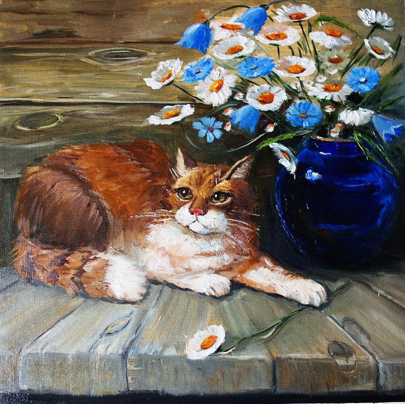 Cat Painting Oil Pet Original Art Animal Artwork Impasto Canvas Art - 掛牆畫/海報 - 其他材質 多色