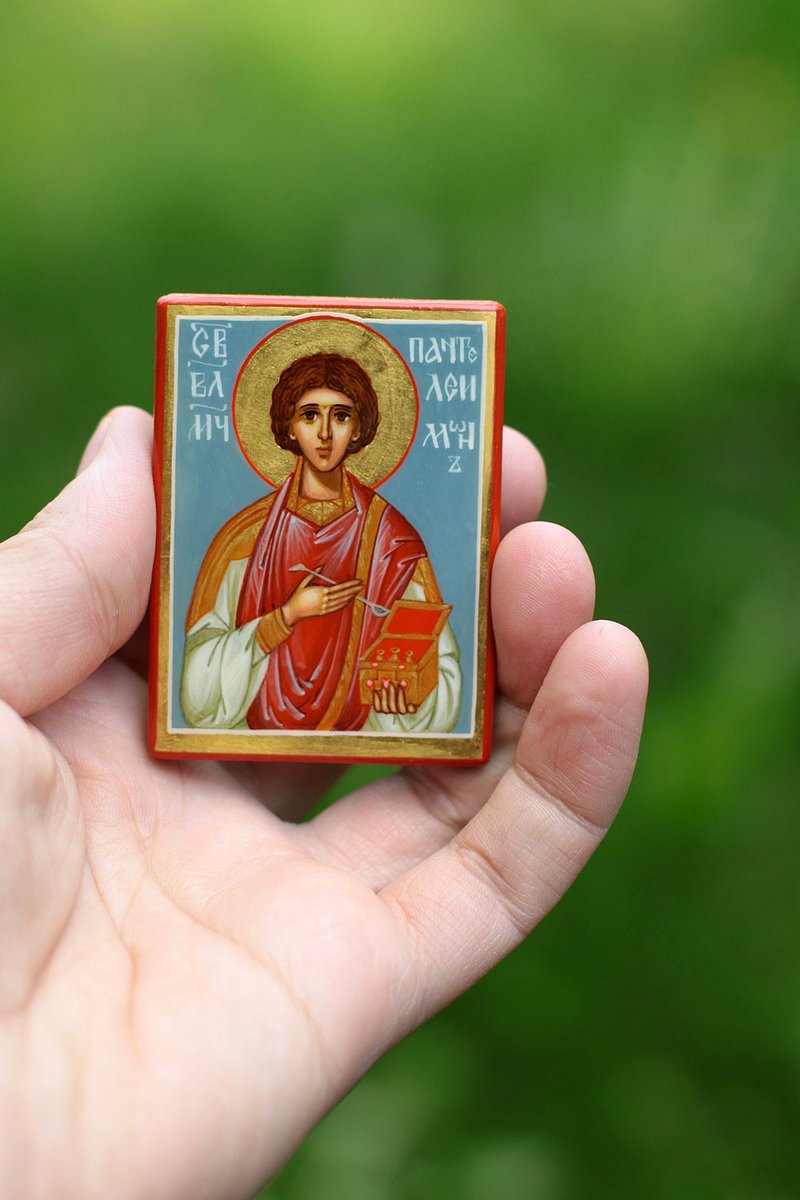 hand painted orthodox wood icon Saint Holy Panteleimon pocket size painting - 其他 - 木頭 咖啡色