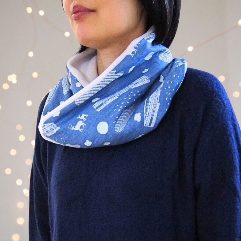 Christmas Gift Deer and Cottage Short Snood Blue Jacquard x Fleece - Knit Scarves & Wraps - Polyester Blue