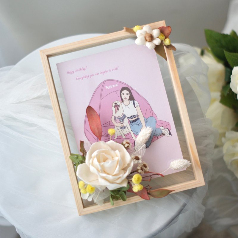 [Cong Nong Flower Art] Everlasting flower frame x painted gift box/person and pet portrait - Dried Flowers & Bouquets - Wood 