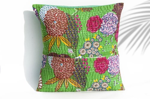 omhandmade 花朵刺繡抱枕套 純棉抱枕套 民族風抱枕套-法式風 綠茶綠花朵森林