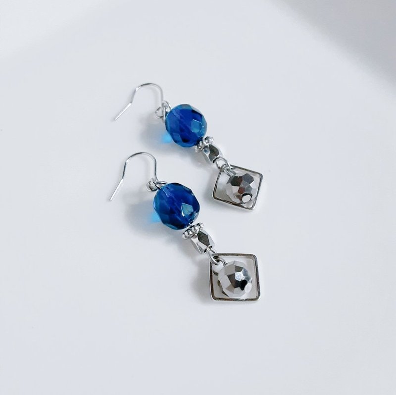 Square hoop and Silver blue color earrings, simple Czech beads, fashion earrings, gift, blue, can be changed to hypoallergenic earrings or Clip-On - Earrings & Clip-ons - Glass Blue