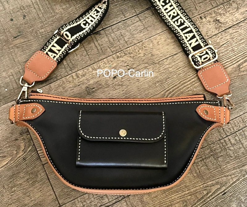 POPO│致黑│皮革腰包. 船型 leather - 側背包/斜背包 - 真皮 黑色