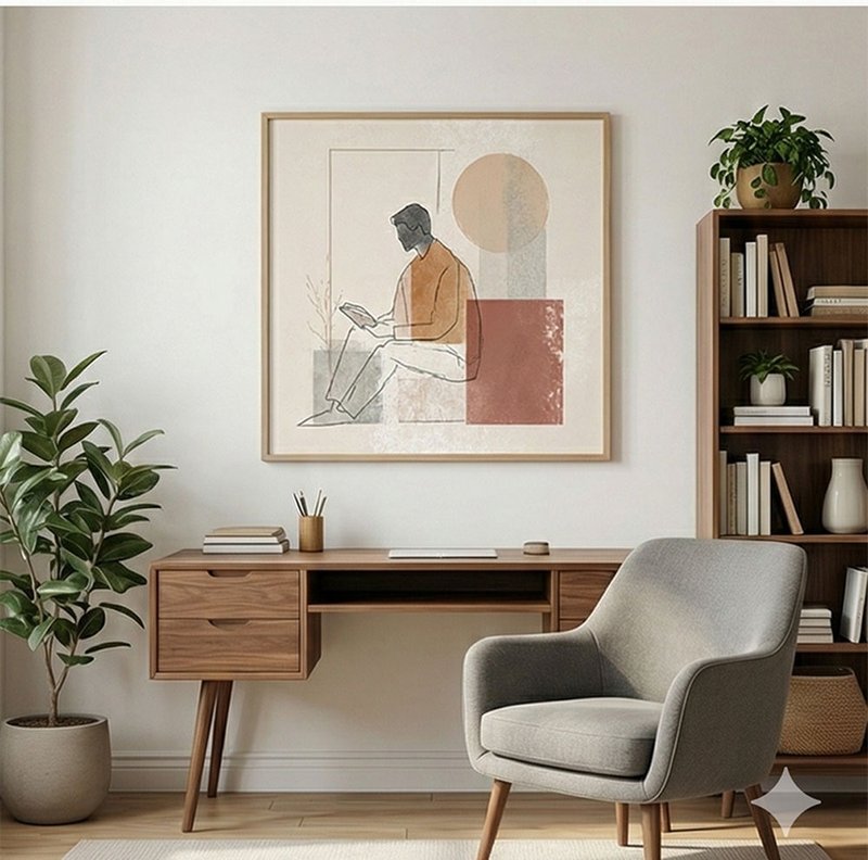 午後閱讀的剪影1 抽象線條人物掛畫 藝術微噴 北歐侘寂風書房客廳 - 海報/掛畫 - 棉．麻 