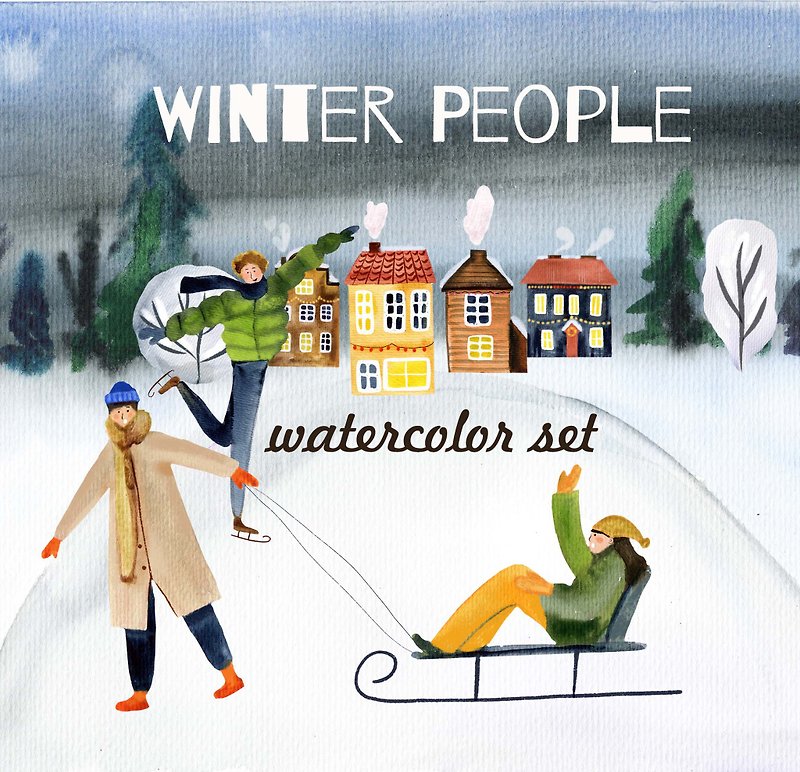 Winter people Watercolor set, Merry Christmas Cards, Happy New Year clipart - งานดีไซน์ดิจิทัลอื่นๆ - วัสดุอื่นๆ ขาว