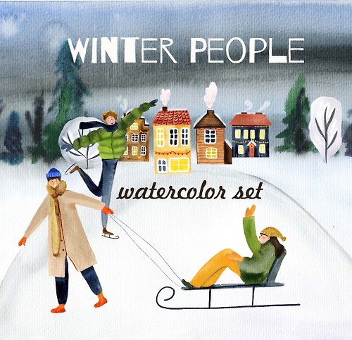NataLyaroArt Winter people Watercolor set, Merry Christmas Cards, Happy New Year clipart