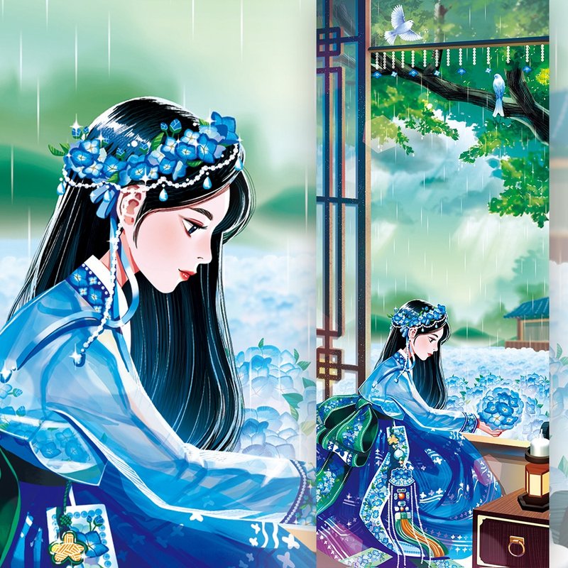 Four Seasons - Summer girl Korean Hanbok illustrated postcard (uha) Bookmark - 卡片/明信片 - 紙 藍色