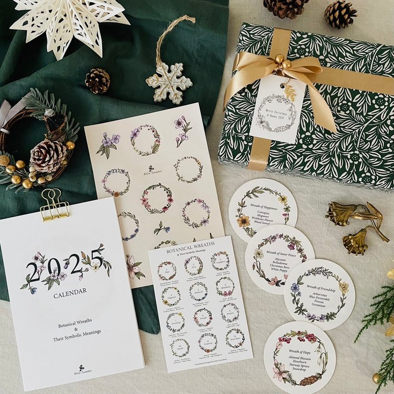 [Christmas gift box/wreath series paper stationery gift set] (2025 calendar, universal card, note) - ปฏิทิน - กระดาษ หลากหลายสี