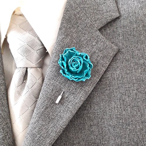 Leather Novel 胸針 Men's lapel pin turquoise rose Leather boutonniere 3rd anniversary gift