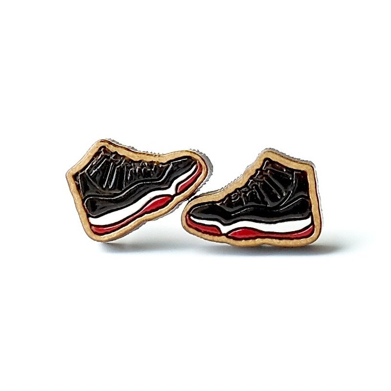 Painted wood earrings-Sneaker (black) - ต่างหู - ไม้ สีดำ