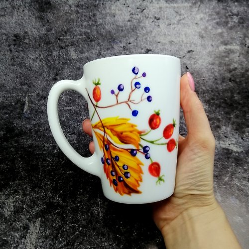 StekloCraft Wild grape mug hand painted Autumn leaves cup personalised present for her / him
