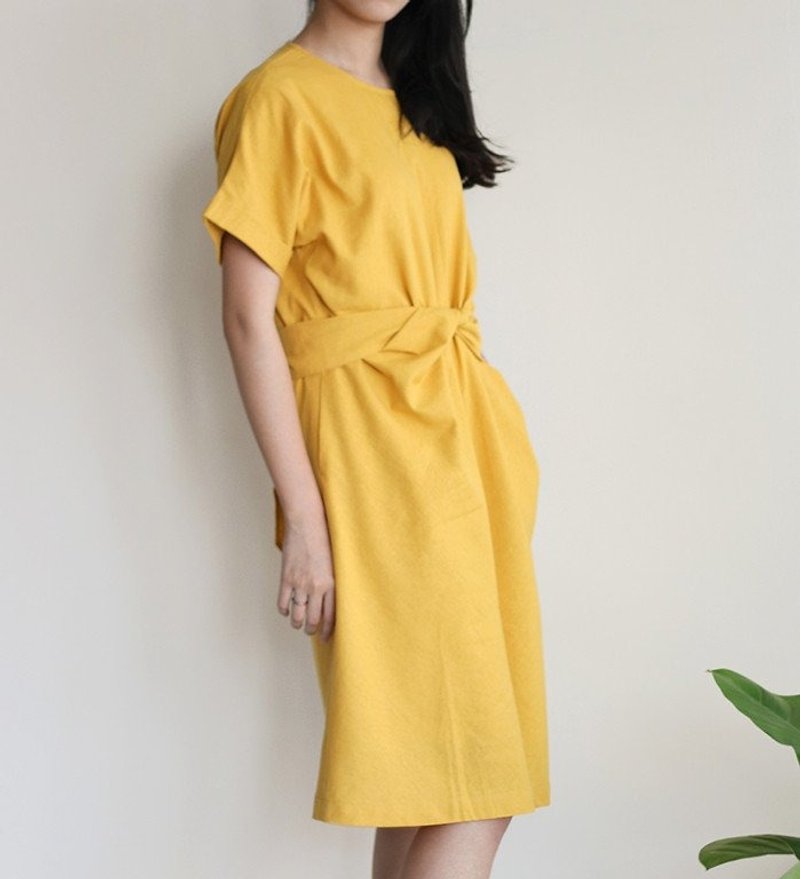 Lime yellow linen knee-length tie dress - One Piece Dresses - Cotton & Hemp 