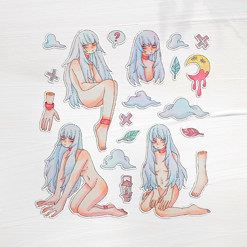 裸の女の子の手描きの水彩ステッカー20枚 - シール - 紙 ブルー