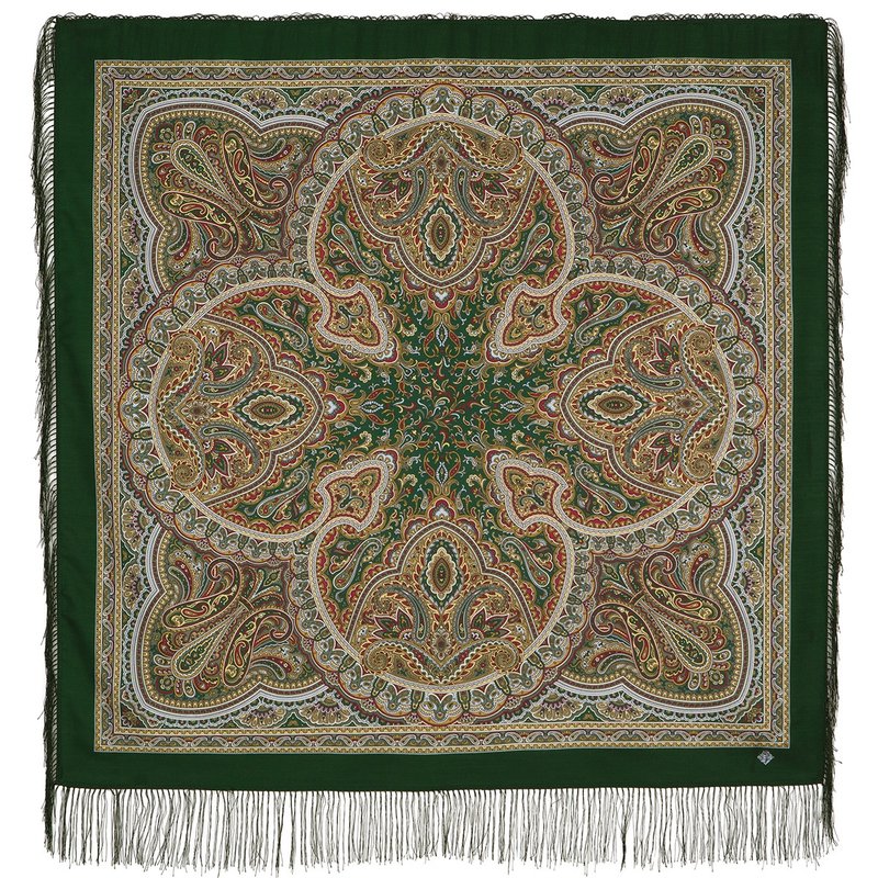 Original Pavlovo Posad Russian Shawl 100% Wool Woolen Scarf 110x110 cm 1695-10 - Scarves - Wool Green