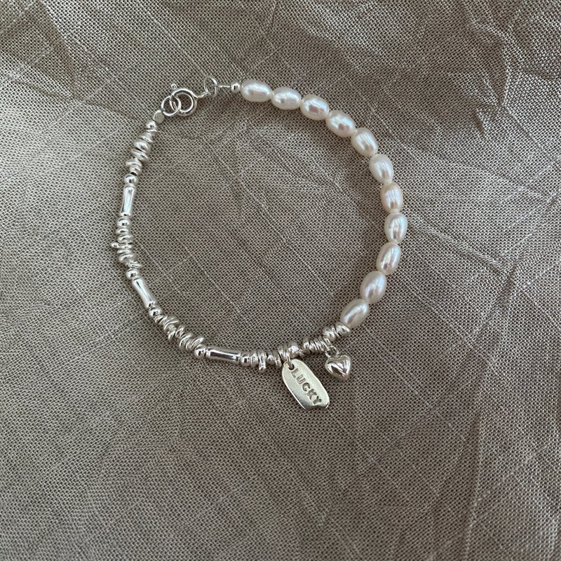 Lucky Love Pearl Slub Cracked Silver Bracelet - สร้อยข้อมือ - เงินแท้ 