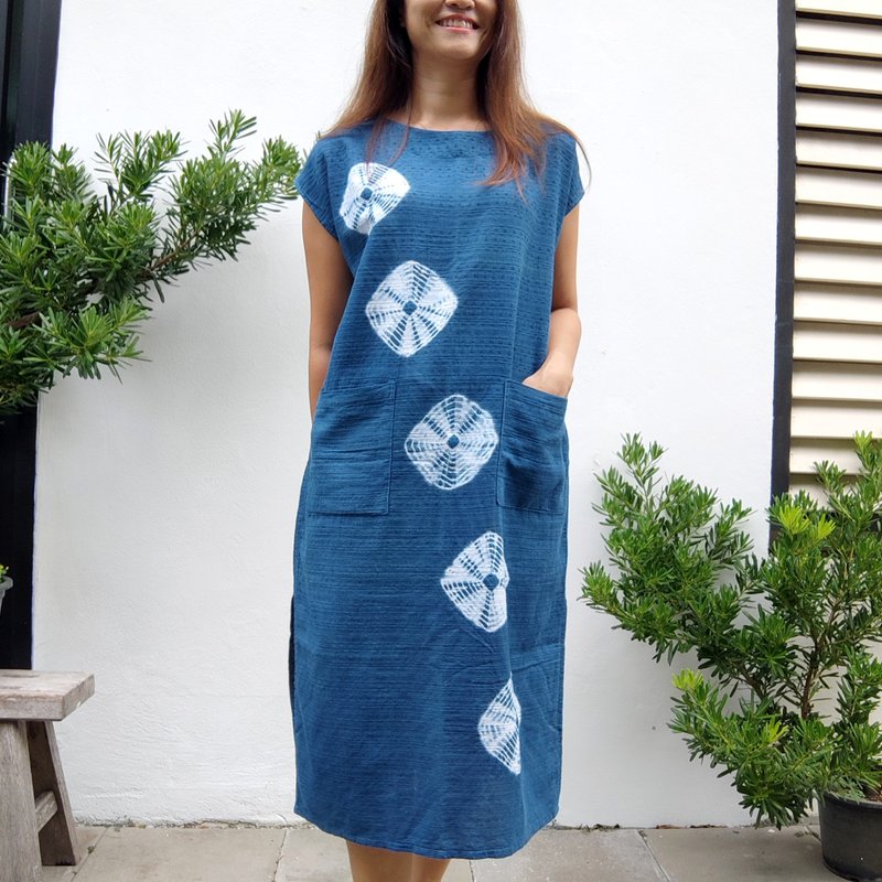 ฺBoat Neck Tie Dye Long Dress - 洋裝/連身裙 - 棉．麻 藍色