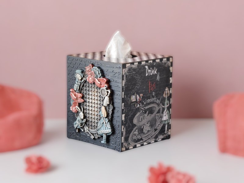 Box for napkins Alice in Wonderland Tissue Box Cover Square Napkin holder - กล่องทิชชู่ - ไม้ หลากหลายสี