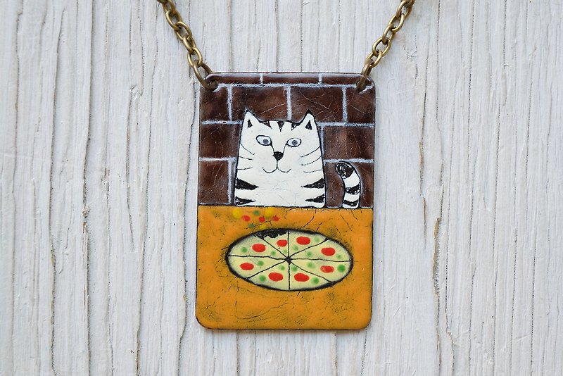 Pizza and Cat, Pizzeria, Cat Necklace, Enamel Necklace, White Cat, Restaurant - Necklaces - Enamel Orange