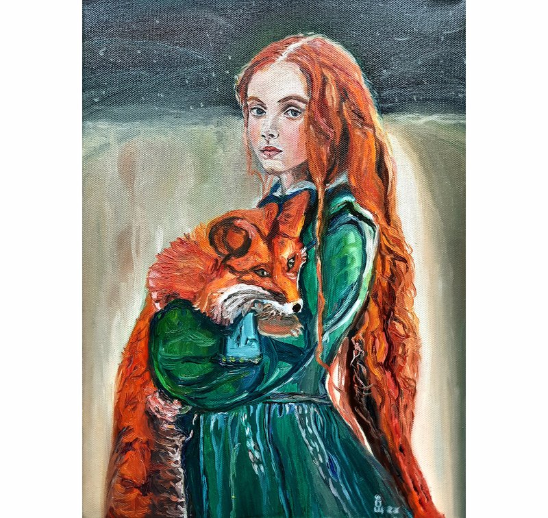 Girl and Fox Artwork  Original Art 油畫 Oil Painting Oil on Canvas Wall Decor - 壁貼/牆壁裝飾 - 其他材質 綠色