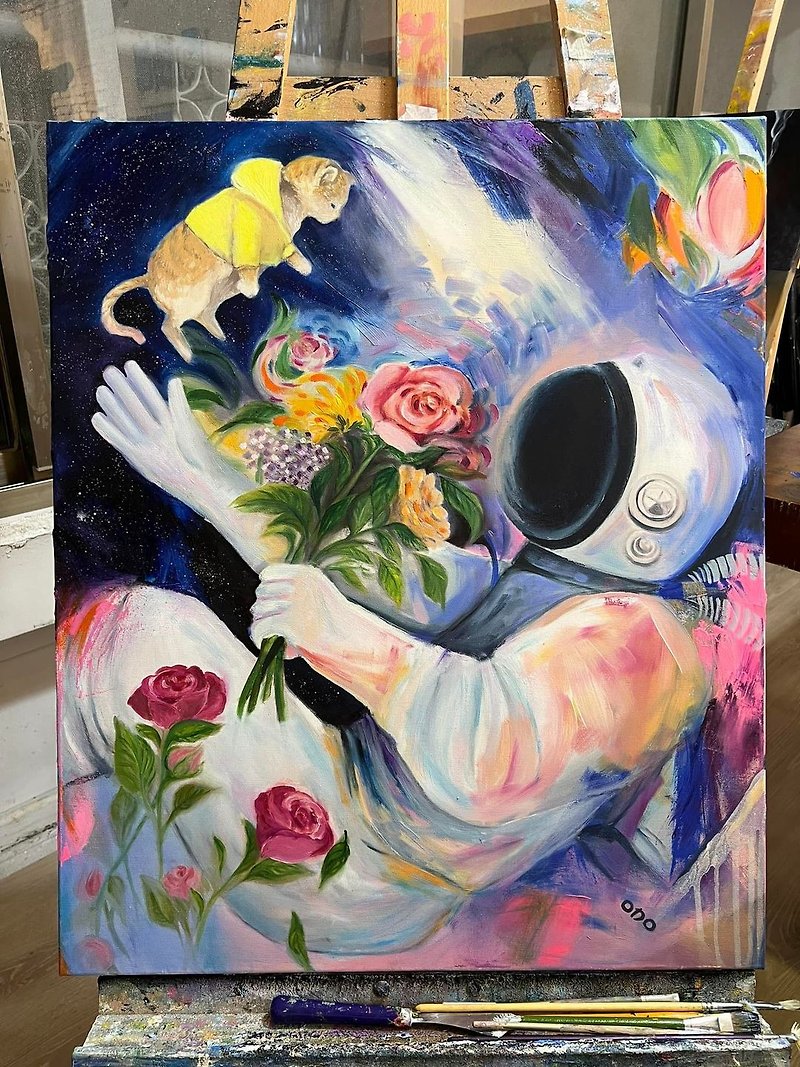 王咖咖 油畫－太空人與喵－20F - 海報/掛畫/掛布 - 顏料 多色
