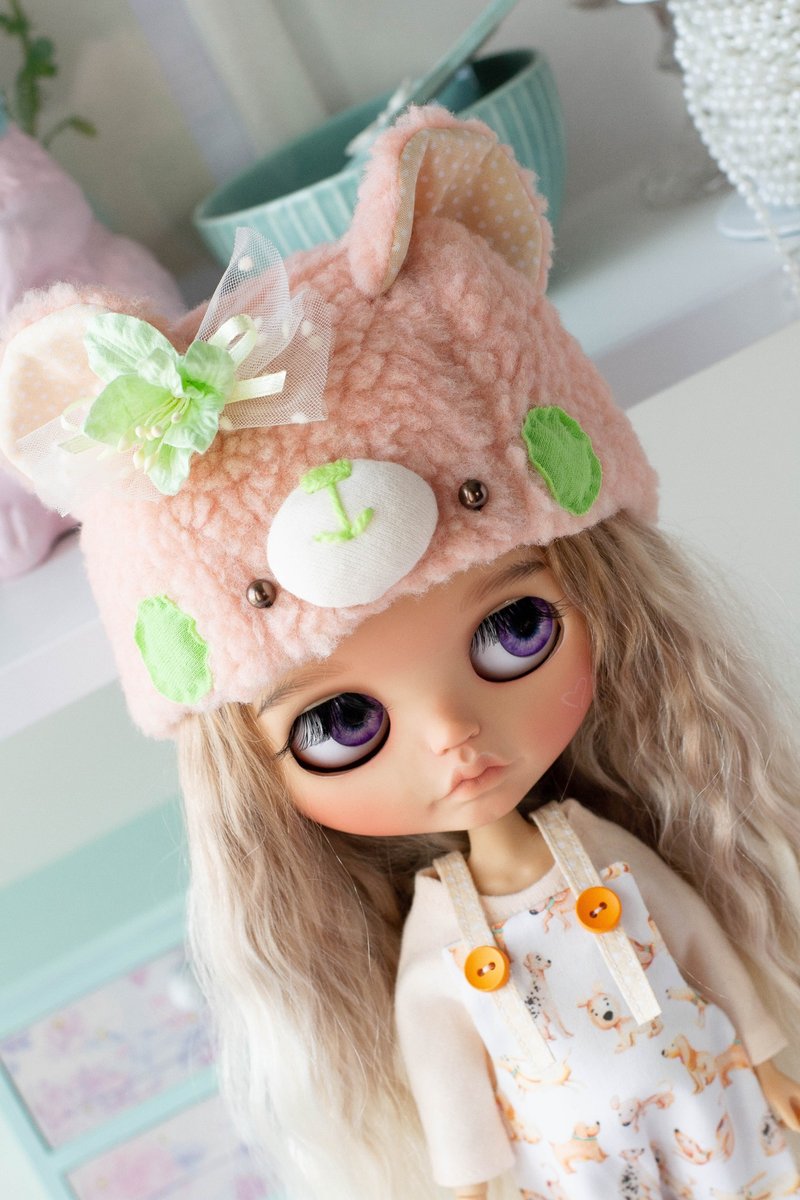 Hat for dolls Blythe with ties Faux Fur Bear Hat kawaii bear face - Stuffed Dolls & Figurines - Wool Green