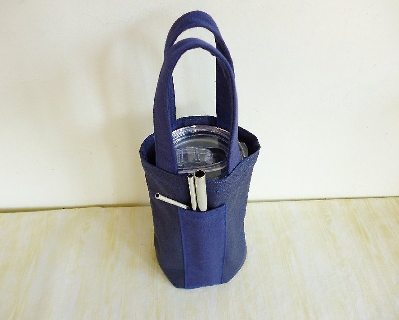 Navy blue plain green universal canvas bag ice tyrant cup bag Mason bag - ถุงใส่กระติกนำ้ - ผ้าฝ้าย/ผ้าลินิน สีน้ำเงิน