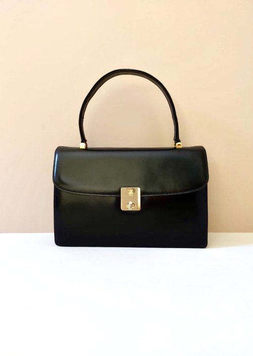 LA LUNE Vintage 日本鑑證古董品選物店 稀有中古二手Celine黑色旋轉扣凱莉皮革側孭單肩背手提包小手袋