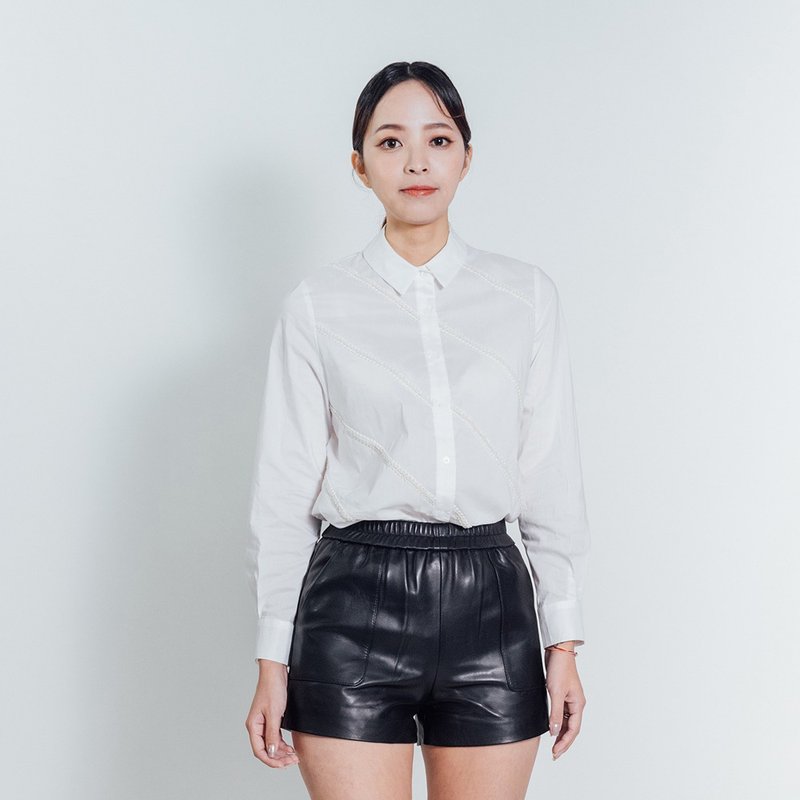 AVVJOY | 扭紋緞帶長版長袖襯衫 - 女上衣/長袖上衣 - 其他材質 