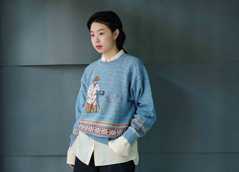 Treasure Hunting - New Sky Blue Birds Uncle Pattern Embroidered Sweater - Women's Sweaters - Cotton & Hemp Blue