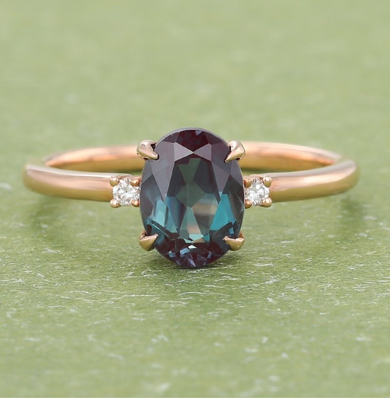 Unique Oval Alexandrite Diamond Engagement Ring - 戒指 - 純銀 綠色