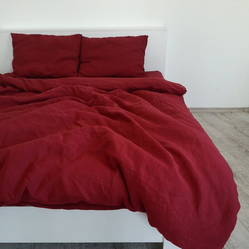 Maroon linen duvet cover / Softened linen / Comforter cover / Quilt cover - เครื่องนอน - ลินิน สีแดง