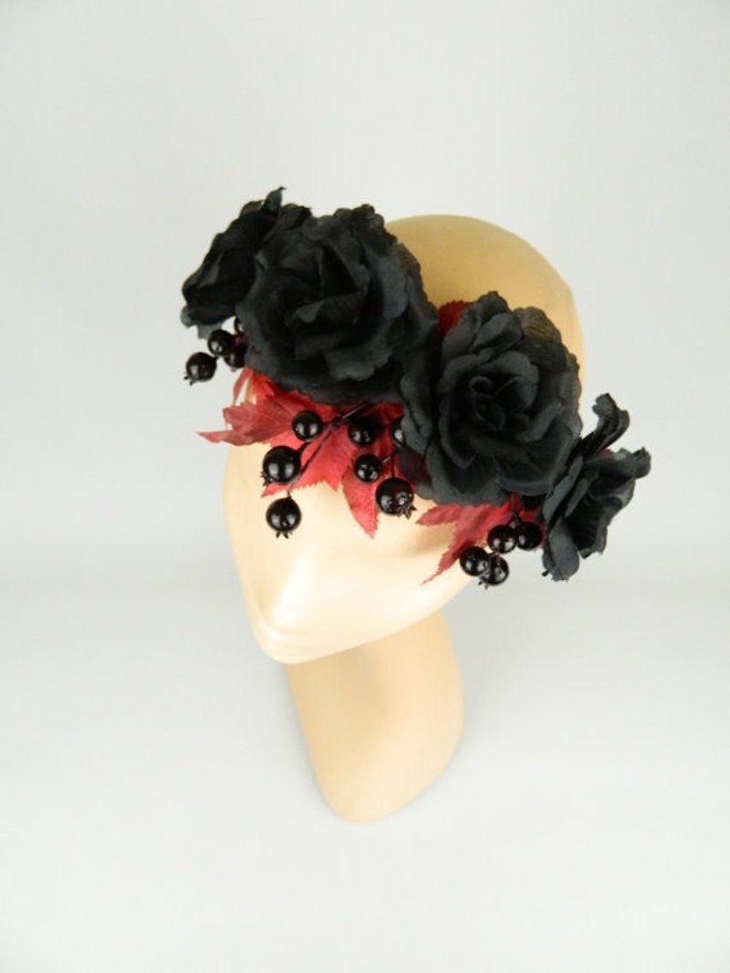 Flower Crown Garland Statement Headpiece with Black Roses, Berries and Leaves, Gothic, Woodland, Burlesque, Rockabilly Bridal Hair Accessory - Hair Accessories - Other Materials Black
