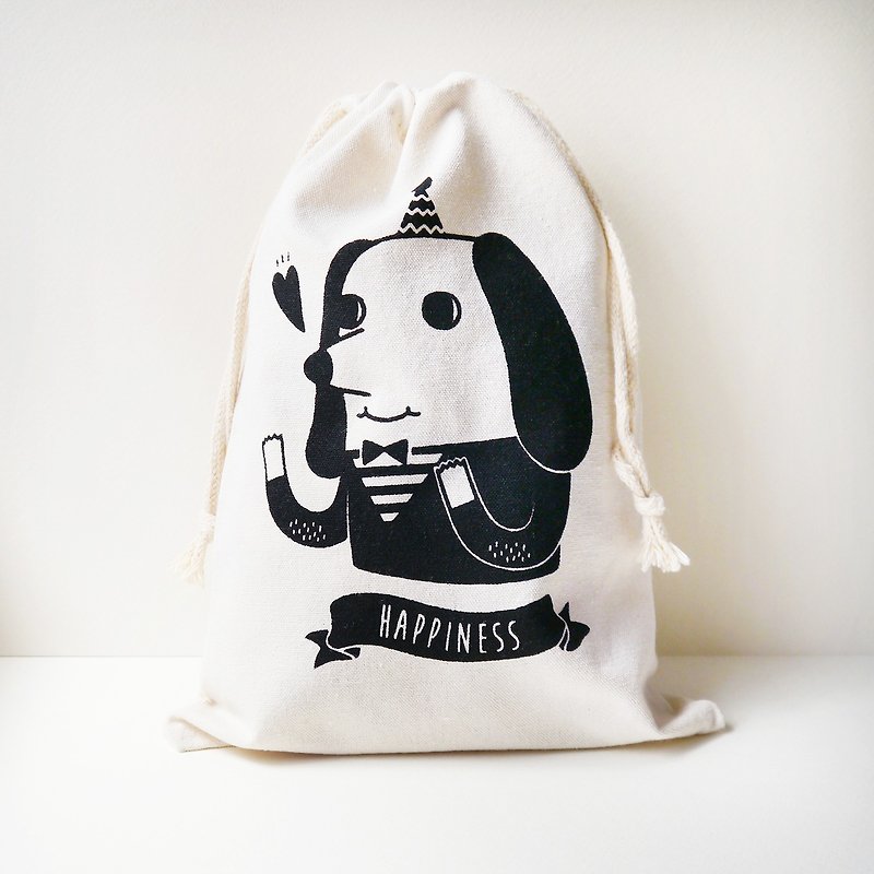 Happiness Dog Drawstring Pouch - กระเป๋าเครื่องสำอาง - ผ้าฝ้าย/ผ้าลินิน ขาว