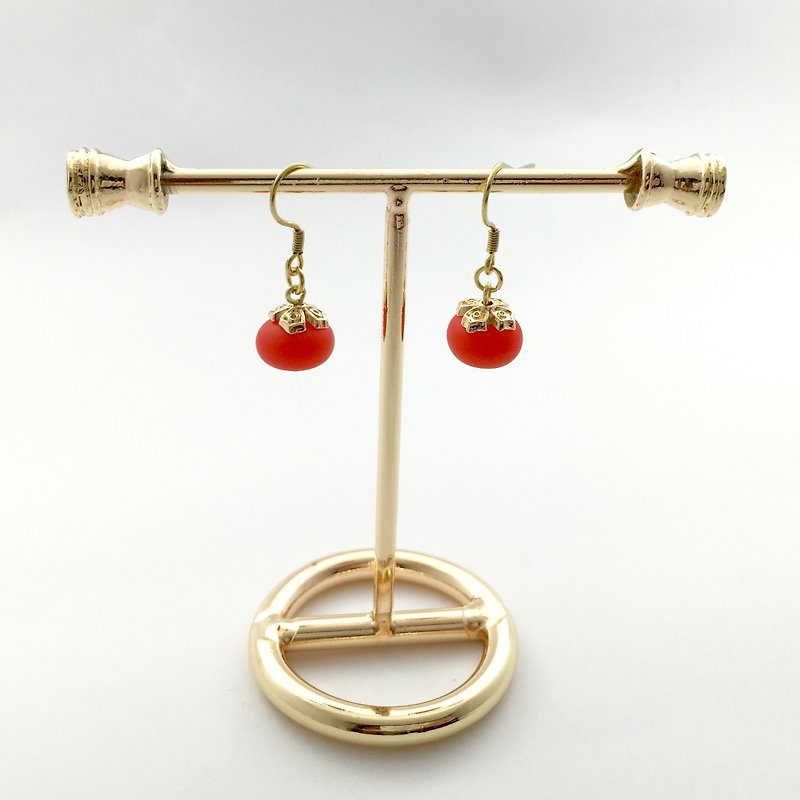 【Ruosang】|Fruit|The persimmon is red. Handmade ancient glass beads. Bronze plated ear hook / earrings / earrings - Earrings & Clip-ons - Gemstone Red