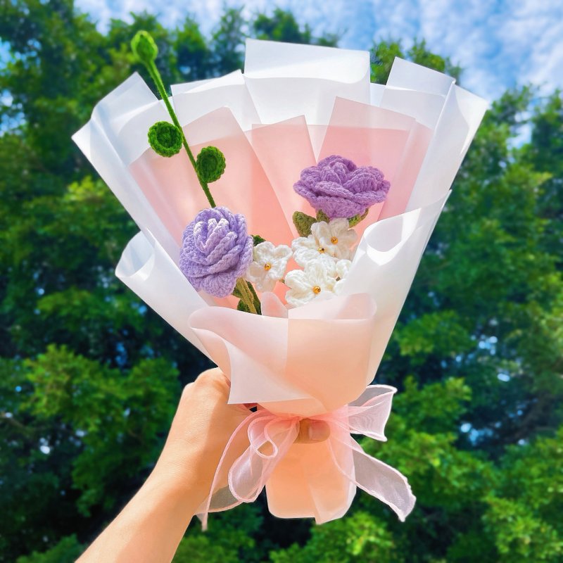 花屋系列 手作鉤織薰衣草玫瑰花束 - 乾燥花/永生花 - 棉．麻 紫色
